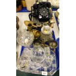 A group of copper and brass wares, silver plated wares, glass serving tray, a black telephone and a