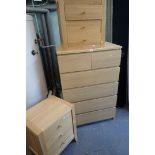 A beech effect six drawer bedroom chest, and a pair of three drawer bedsides.