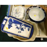 A Royal Doulton Booths Real Old Willow pattern serving plates, two blue and white tureens, Doulton B