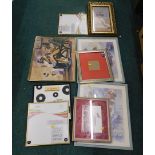 Album cover frames, a Timothy Montgomery watercolour, and various empty pictures frames. (a quantity