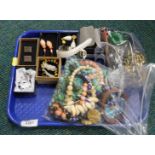 Costume jewellery, lady's rose wristwatch, drop earrings, cufflinks, beaded necklaces, etc. (1 tray)