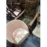 A bergere style armchair, and a basket weave pink painted commode. (2)