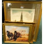 Pictures and prints, comprising shire horse ploughing, A. Engle, oil on board, and a H Huttinch, Hot