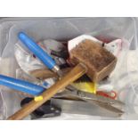 Crate of tools, a mallet, shears, etc.