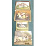 M Williams. Thatched cottage, 45cm x 61cm, L Spindley thatched cottage, 30cm x 40cm, E Moore floral