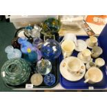 Child's tea ware, art glass, Caithness style vases, etc. (2 trays)