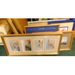 Pictures and prints, comprising four sectional coastal framed pictures, print of the desert, pastel