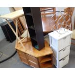 A bathroom cabinet, wine rack, CD rack, Parker Knoll teak corner TV stand, side table. (5)