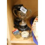 Two silver plated trophy cups, medallions, plated spoon, and a Smiths pocket watch.