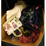 A quantity of ladies handbags, coats, scarves, hats, etc. (1 box)