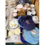 Part tea wares, blue and white bowl, continental porcelain Crown Staffordshire wall plaques, etc. (2
