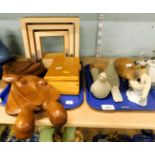 Two stone ducks, hedgehogs, dolphin ornament, carved wooden household wares, etc. (2 trays)