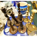 Turned wooden candlesticks, pair of brass candlesticks, Simmingtons Custard powder pot, etc. (1 tray