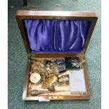 A 19thC mahogany cutlery box and contents of costume jewellery, to include plated necklaces, Ingerso