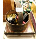 A 19thC mahogany sewing box, with mother of pearl inlaid border, oak basket, pin cushion boots, broo
