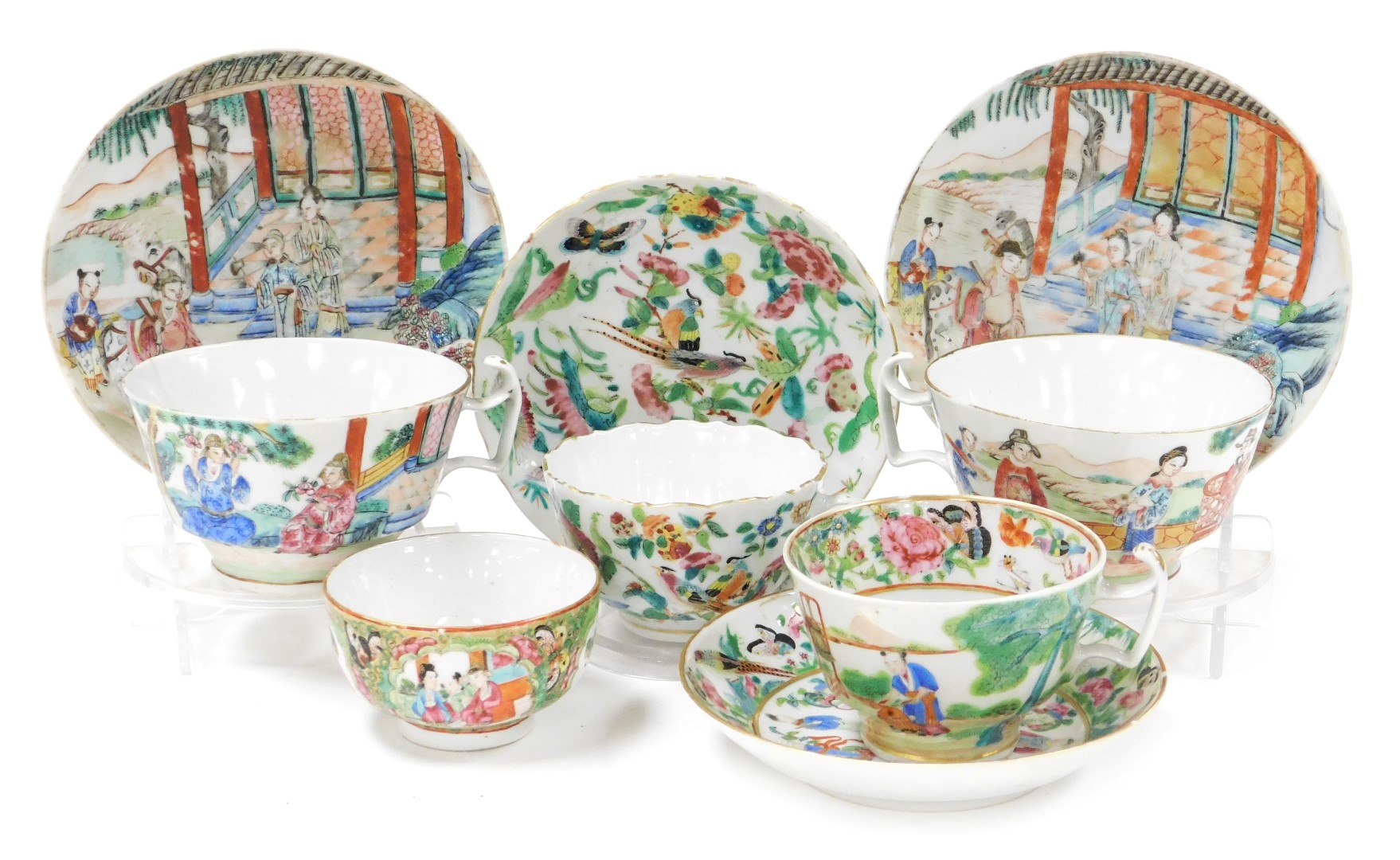 A group of early 19thC Mandarin palette and famille rose tea wares, comprising a pair of breakfast c