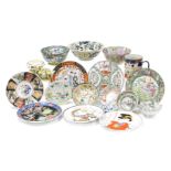 A group of Oriental ceramics, including Japanese plates painted with figures, Chinese enamel bowl de