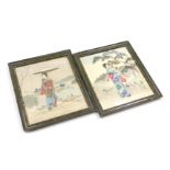 A pair of early 20thC Japanese watercolours on silk, depicting a mother and child in a landscape, an