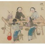 A 19thC Chinese watercolour, on pith paper of women sorting tea leaves, titled "picking tea" in Engl