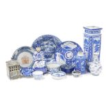 A group of Oriental blue and white pottery and porcelain, including tea wares, vases, seated figure