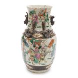 A19thC Nanjing crackle glaze vase, moulded with lizards and decorated with warriors and other figure