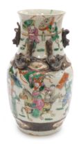 A19thC Nanjing crackle glaze vase, moulded with lizards and decorated with warriors and other figure
