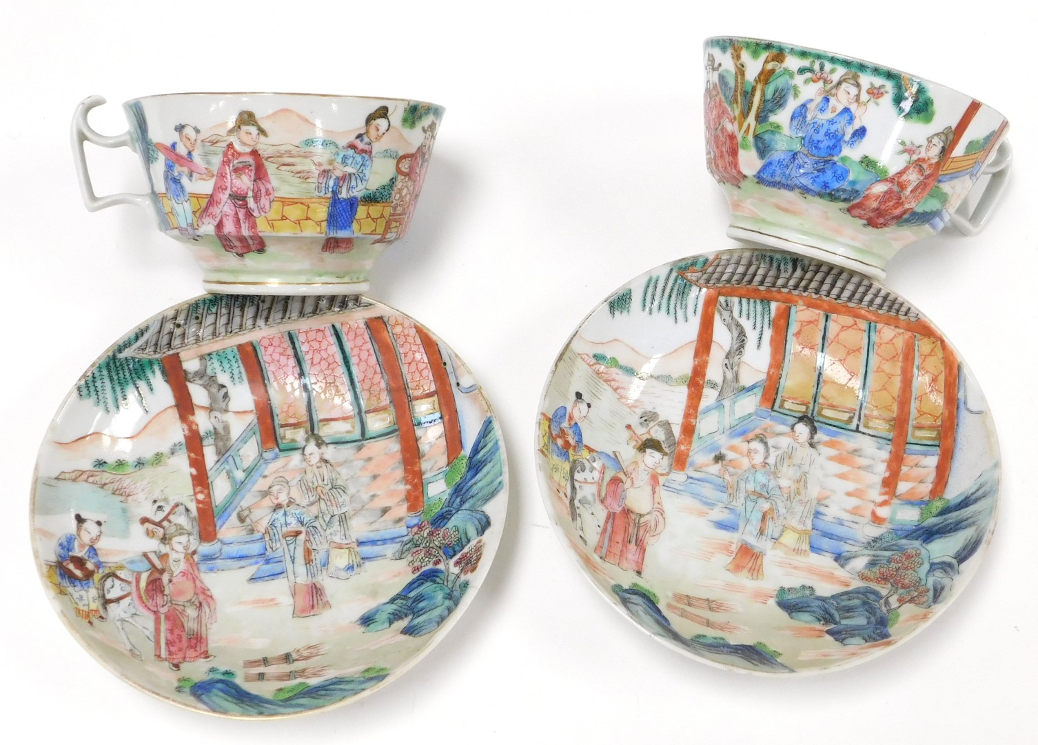 A group of early 19thC Mandarin palette and famille rose tea wares, comprising a pair of breakfast c - Image 2 of 7