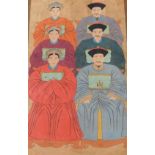 A 19thC Chinese ancestor portrait, watercolour on silk, depicting six high ranking men and women, 87