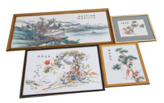 A Chinese silk work picture of pheasants in a pine tree, 39cm x 33cm, further picture on silk of pea