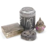 A Chinese white metal tea canister, of cylindrical form, 13cm high, an antimony box, decorated in re