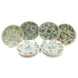 Six 19thC celadon and famille rose porcelain plates, decorated with birds, butterflies, and flowers,