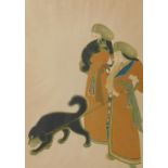 After Xhang Diqian (Chinese 1899-1983). Tibetan women with their dogs, lithograph, 50cm x 37cm