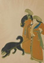 After Xhang Diqian (Chinese 1899-1983). Tibetan women with their dogs, lithograph, 50cm x 37cm