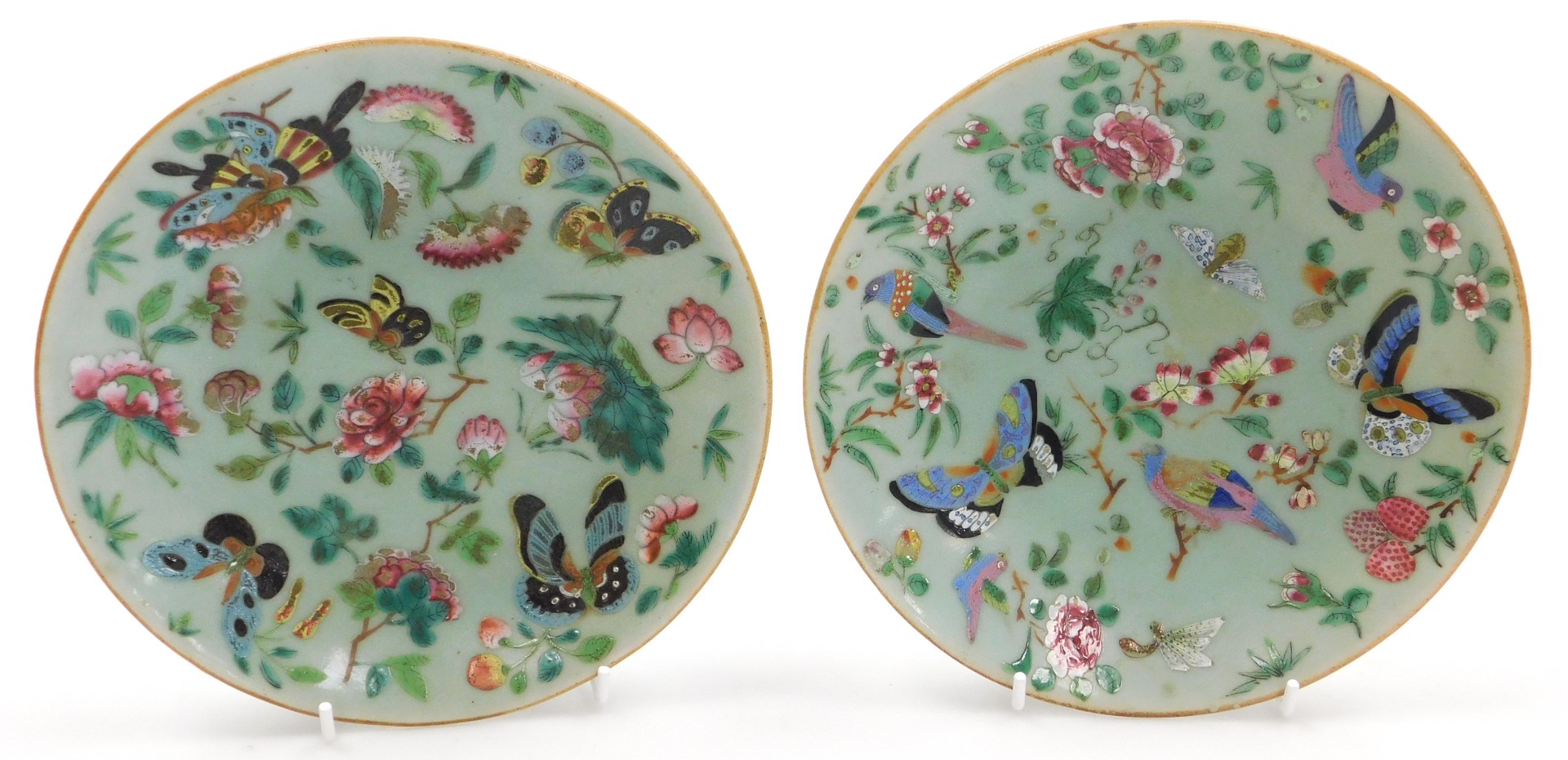 Four 19thC Chinese celadon and famille rose porcelain plates, decorated with birds, butterflies, and - Image 6 of 7