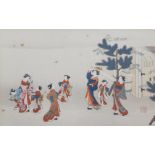 A Meiji period Japanese wood block print, showing ladies and girls dancing in a garden, bears seal m