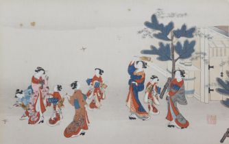 A Meiji period Japanese wood block print, showing ladies and girls dancing in a garden, bears seal m