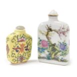 A Chinese porcelain snuff bottle, decorated with birds and flowers, verso script, 8.5cm high, and a