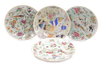 Three 19thC Chinese celadon glaze famille rose plates, decorated with pheasants, butterflies, flower
