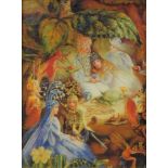 Gilt framed coloured print. Mythical scene and figures, 19cm x 14cm.