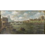 •Hewitt Henry Rayner (1902-1957). River scene - London, oil on canvas, 14.5cm x 27cm.