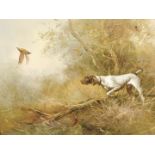 •Eugene Kingman (1909-1975). Gun dog flushing a pheasant, oil on canvas, signed, 60cm x 90cm. Label