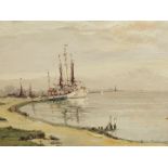 •Hans Hentschke (1889-1969). Masted ship on coastal scene, oil on canvas, signed, 39cm x 49cm.