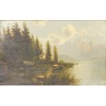 A. Lang. Alpine lake scene, oil on canvas, attributed on mount, 35cm x 56cm.