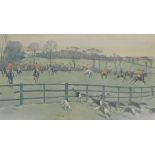 Cecil Charles Windsor Aldin (1870-1935). Hunting scene, artist signed coloured print, 38cm x 62cm.