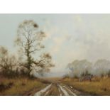 James Wright (b.1935). Country track with wagon, oil on canvas, signed, 45cm x 60cm.