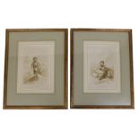 Barker. Shepherd and shepherdess, sepia drawings, pair, signed and titled, 25cm x 18cm.