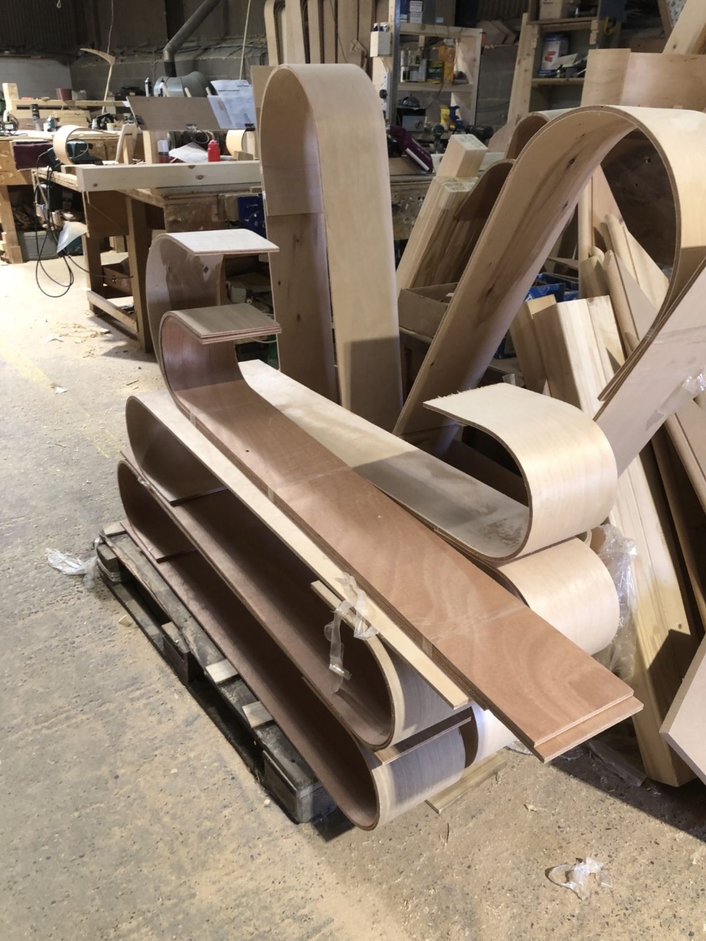 Oak and birch bentwood pre-formed risers, others and the residual timber stock in the Joiners Shop.