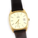 An Omega DeVille gentleman's gold plated wristwatch, circa 1978, square dial with gilt batons, date