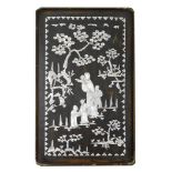 A late 19thC Oriental lacquered rectangular tray, inset with a scene of figure with children, trees,