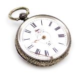 A late 19thC Continental pocket watch, open faced, keywind, circular white dial painted with a bird